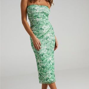 Brunetta Strapless Mesh Midi Dress in Green Furnishing Florals